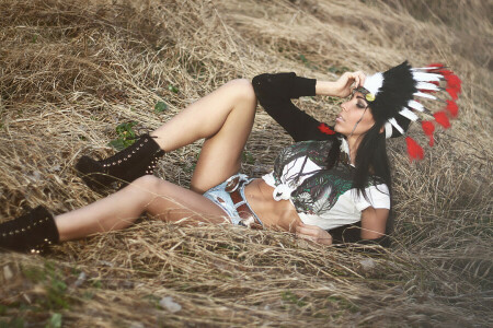 brunette, girl, headdress, lies, shorts, summer