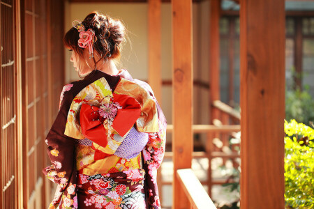 asiatisk, Kläder, ansikte, kimono, stil, sommar