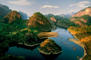 boats, island, mountains, nature, river, rock, the sky, trees