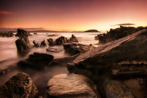 dawn, landscape, shore, stones, The ocean