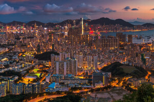 China, Hong Kong, ciudad de noche, panorama