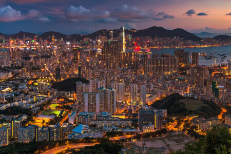 Kína, Hong Kong, éjszakai város, panoráma