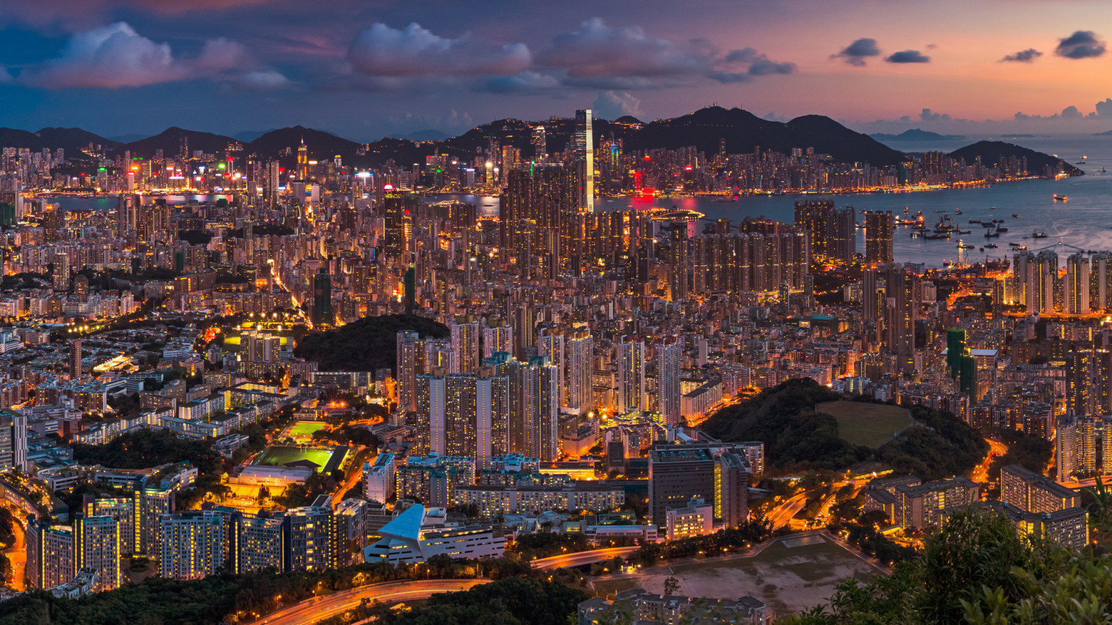 miasto nocą, panorama, Chiny, Hongkong