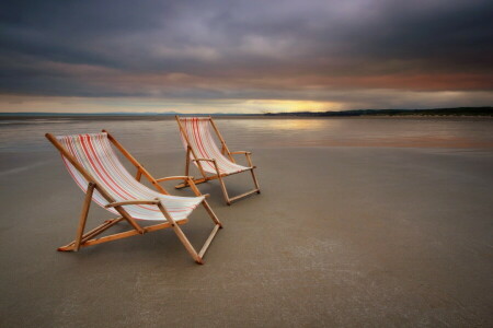 chaises, paysage, mer, le coucher du soleil