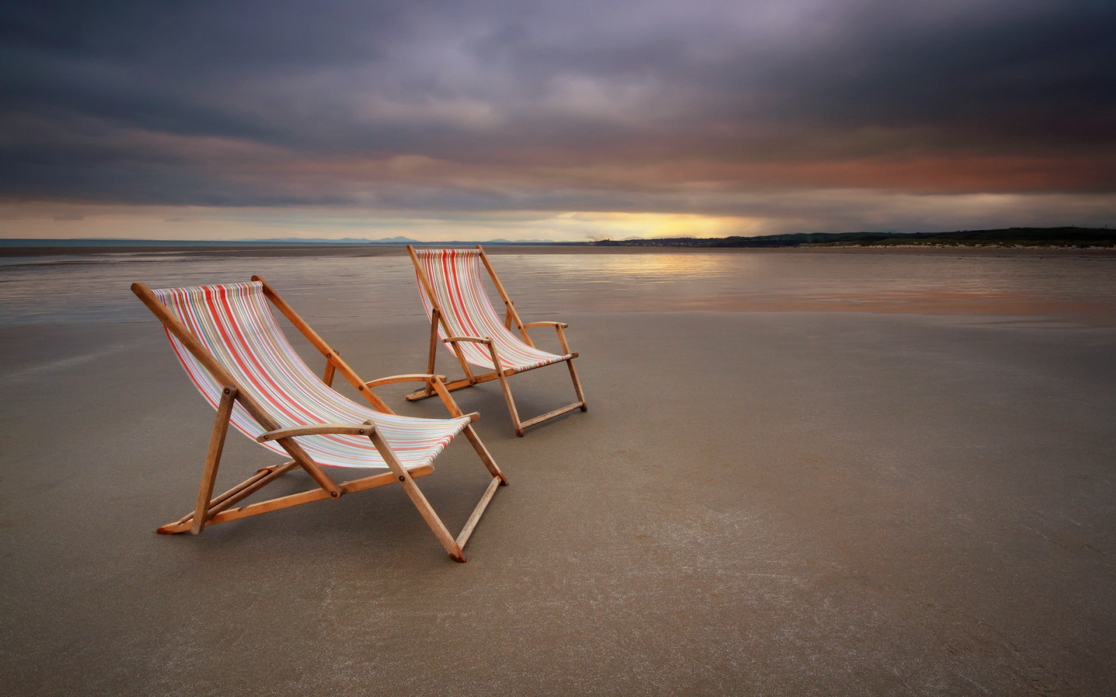 sunset, landscape, sea, chairs