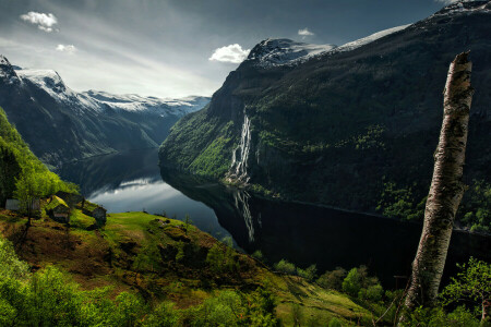 huis, bergen, rivier-, rots, waterval