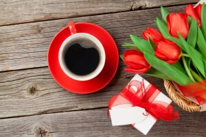 bouquet, café, tasse, fleurs, cadeau, l'amour, rouge, romantique