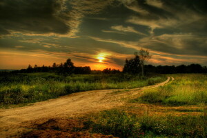 champ, paysage, la nature, route, ciel, le coucher du soleil, Le ciel