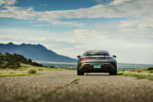 back, clouds, GTS, Mercedes-Benz, mountains, road, the sky