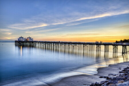 Pont, paysage, mer, le coucher du soleil