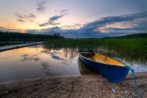 boat, clouds, river, the evening, the sky, trees