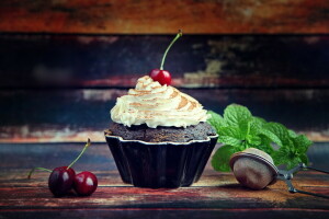 cakes, Cherry, cream, cupcake, mint