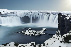 Godafoss, la glace, Islande, cascade