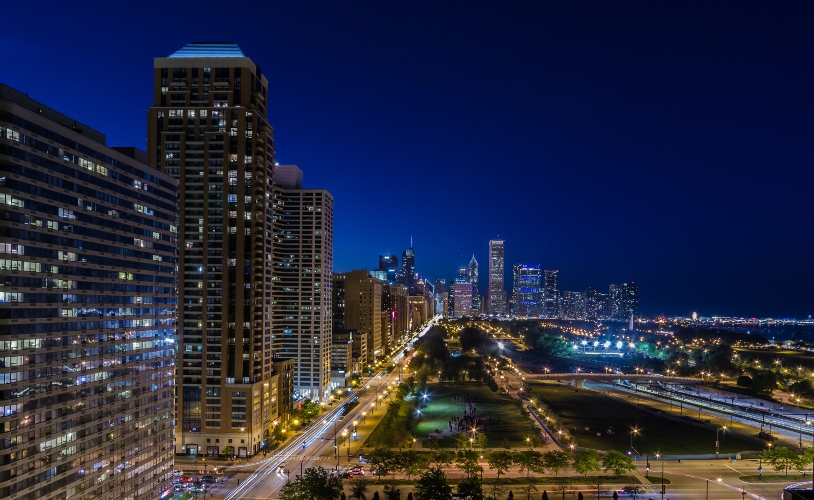 rua, estrada, cidade da noite, luzes, construção, Chicago, Il, Illinois