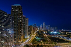 construção, Chicago, Harbour Square, Il, Illinois, luzes, cidade da noite, estrada