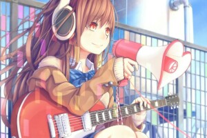 anime, art, Dararito, fille, guitare, Écouteurs, haut-parleur