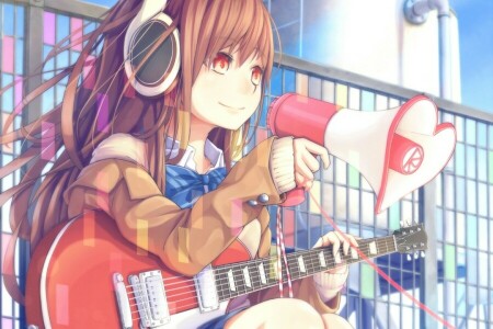 anime, arte, dararito, ragazza, chitarra, Cuffie, altoparlante