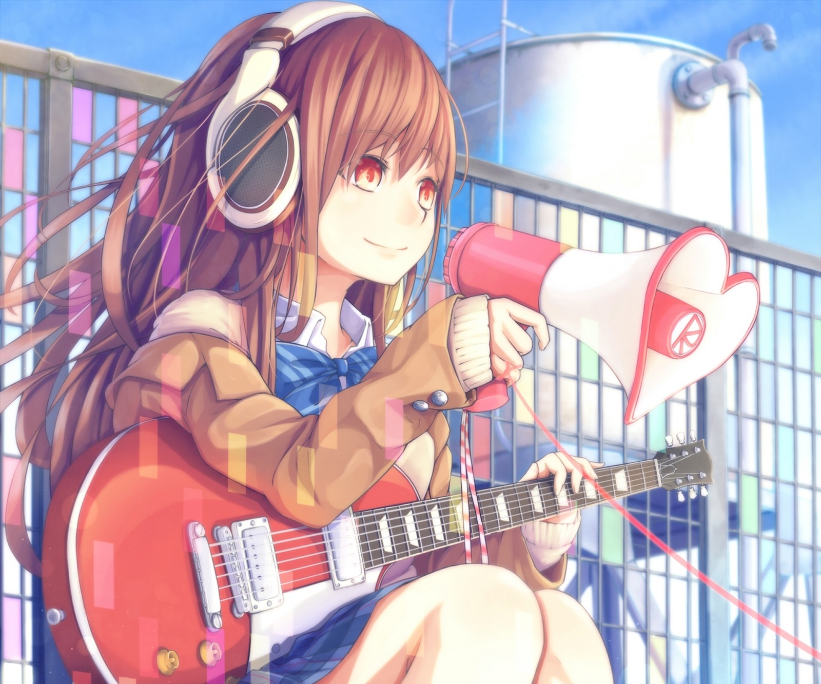 Mädchen, Kunst, Anime, Gitarre, Kopfhörer, Lautsprecher, Dararito