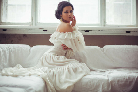 bed, dress, girl, model, pose