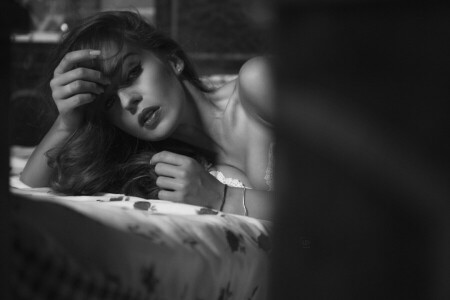 B / W, letto, viso, ragazza, Guarda, Lukasz Derengowski, mar, fotografo