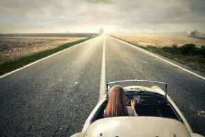 car, girl, journey, landscape, nature, road