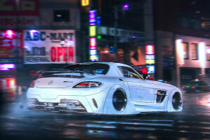 AMG, par Khyzyl Saleem, futur, Mercedes-Benz, nuit, SLS, supercar, réglage