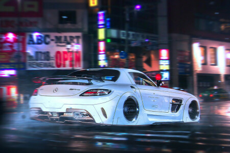 AMG, by Khyzyl Saleem, future, Mercedes-Benz, night, SLS, supercar, tuning