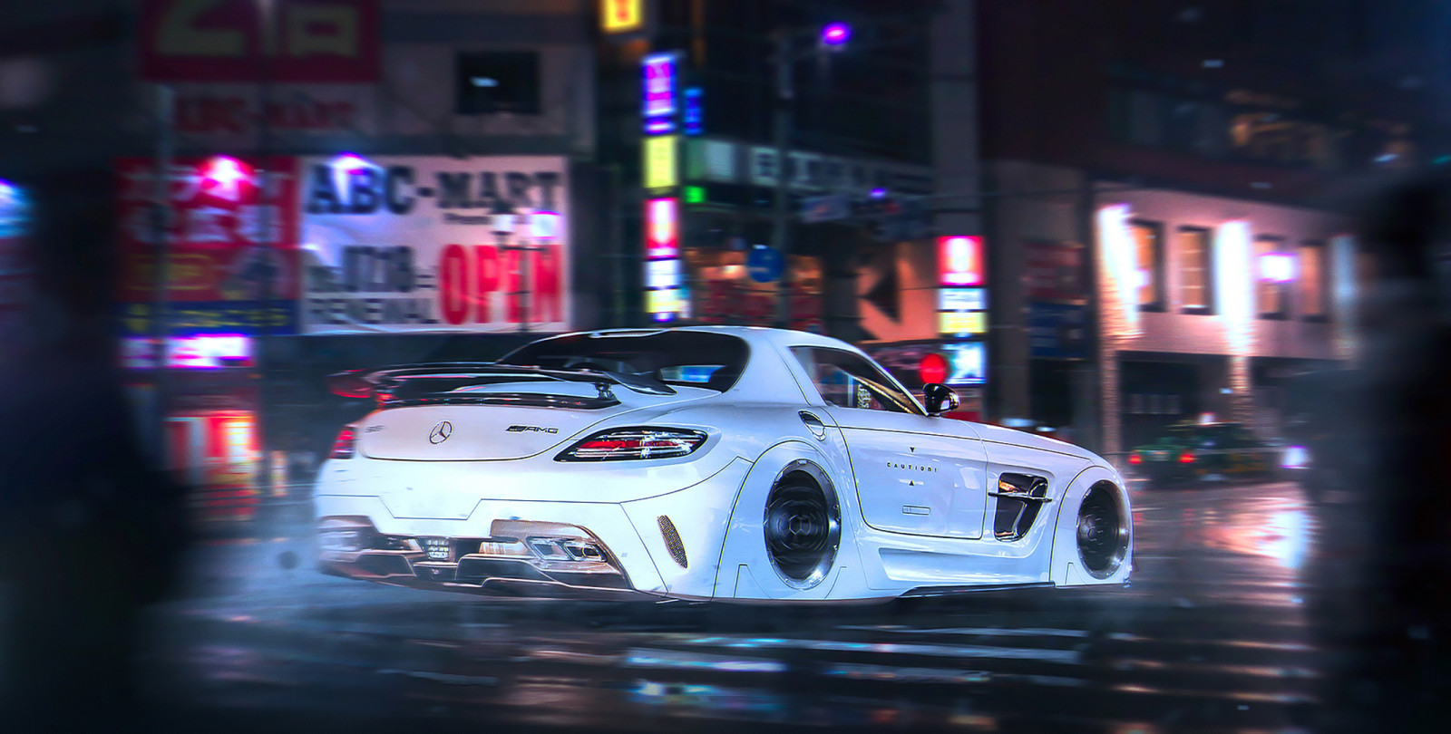 supercar, night, white, Mercedes-Benz, AMG, future, tuning, by Khyzyl Saleem