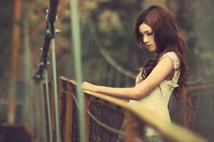 asian, Bridge, brown hair, dress, girl, look, rope, sundress