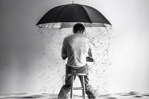 boy, rain, stool, surreal