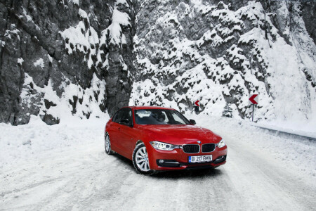 320d, BMW, F30, fjellene, rød, vei, snø, 3-serien