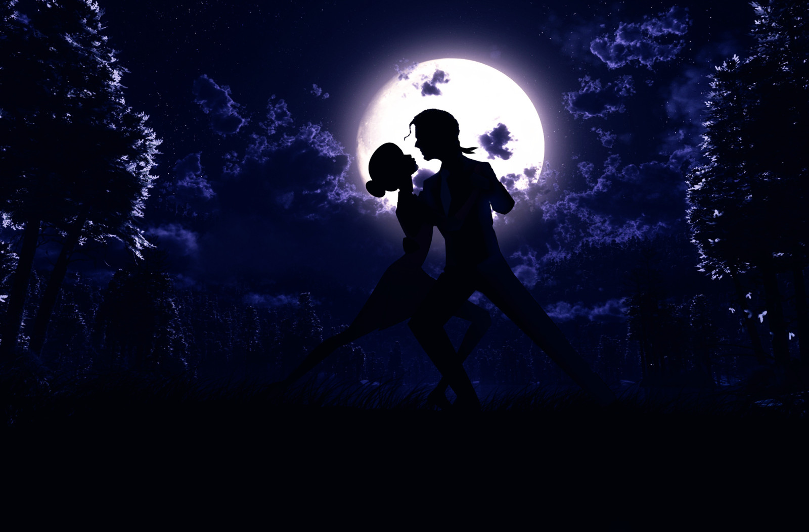 art, night, The moon, pair, dance