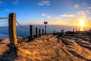 paesaggio, mare, tramonto, la recinzione