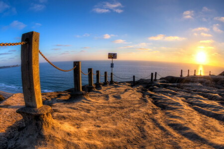 landschap, zee, zonsondergang, het hek