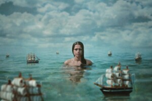 boats, clouds, girl, sailboats, sea, texture, the situation, water