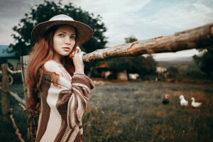 face, geese, girl, hat, jacket, lips, look, redhead