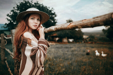 face, geese, girl, hat, jacket, lips, look, redhead