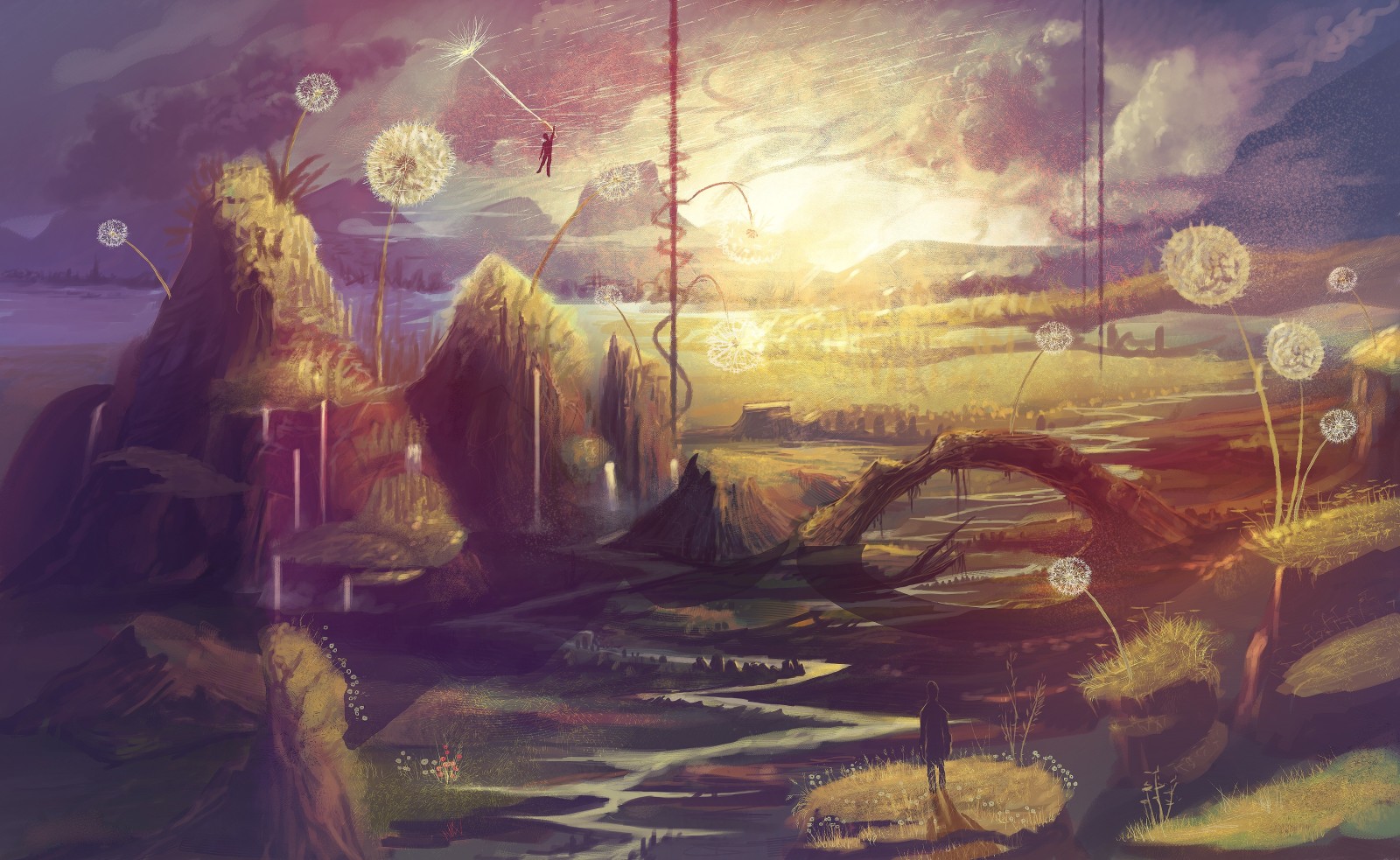 river, DANDELIONS, fantasy, art, flight, painted landscape