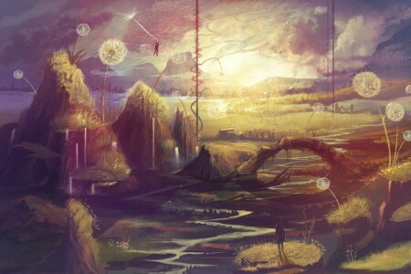 art, DANDELIONS, fantasy, flight, painted landscape, river