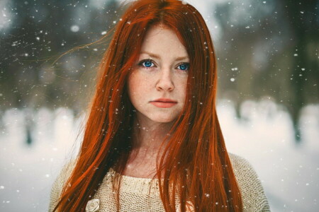 retrato, menina vermelha, ruiva, neve