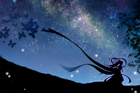 arte, FARFALLA, ragazza, Hatsune Miku, mokoppe, notte, stelle, il cielo