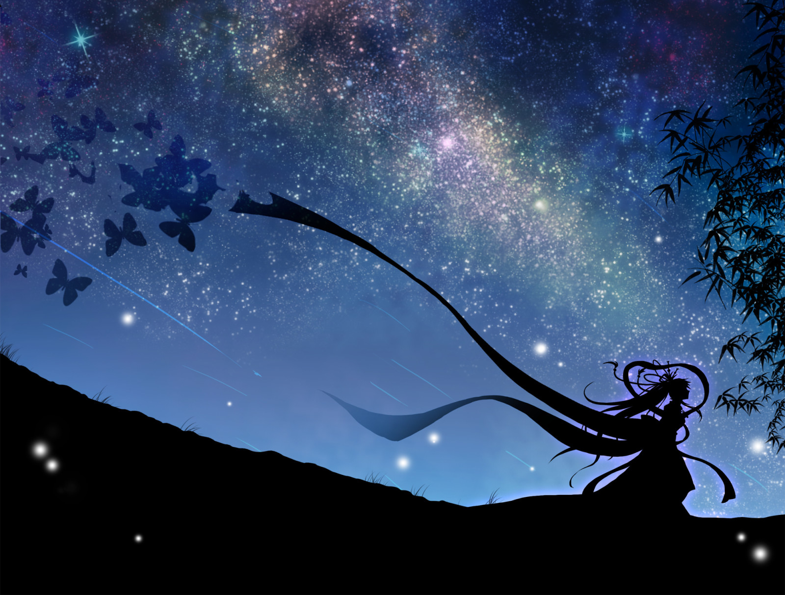 el cielo, niña, MARIPOSA, Arte, noche, estrellas, vocaloid, Hatsune Miku