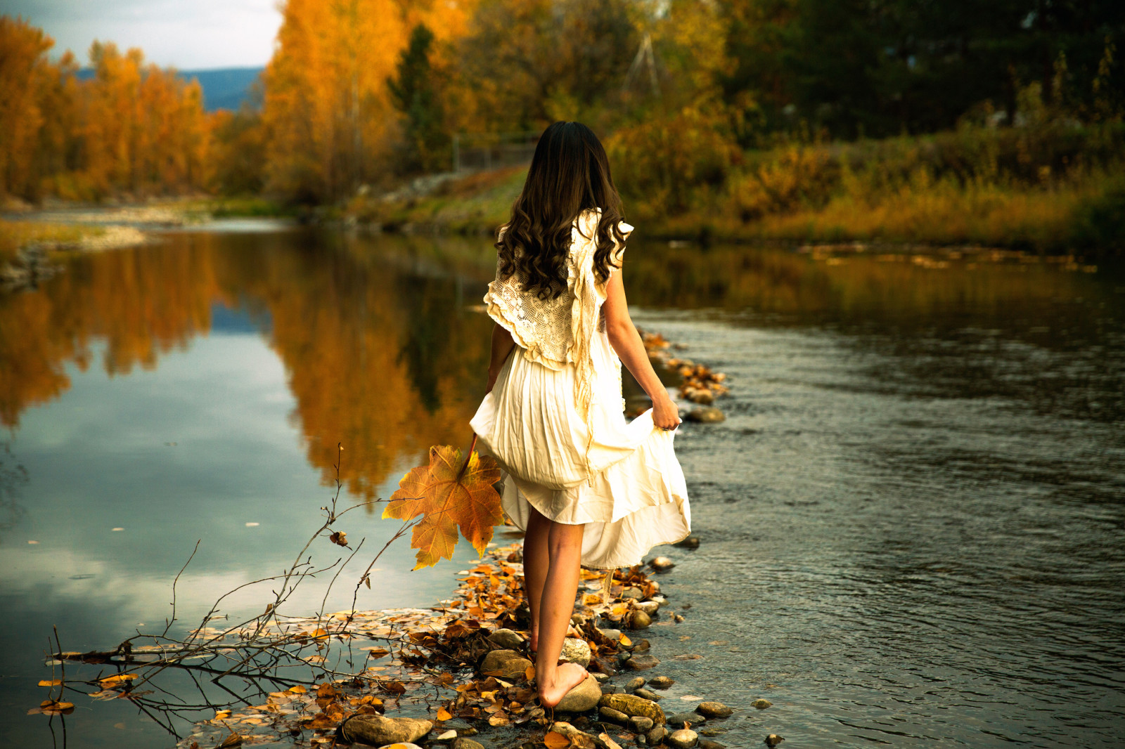 río, niña, piedras, vestir, Lichon