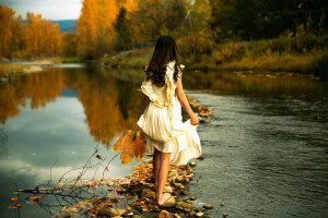 dress, girl, Lichon, river, stones