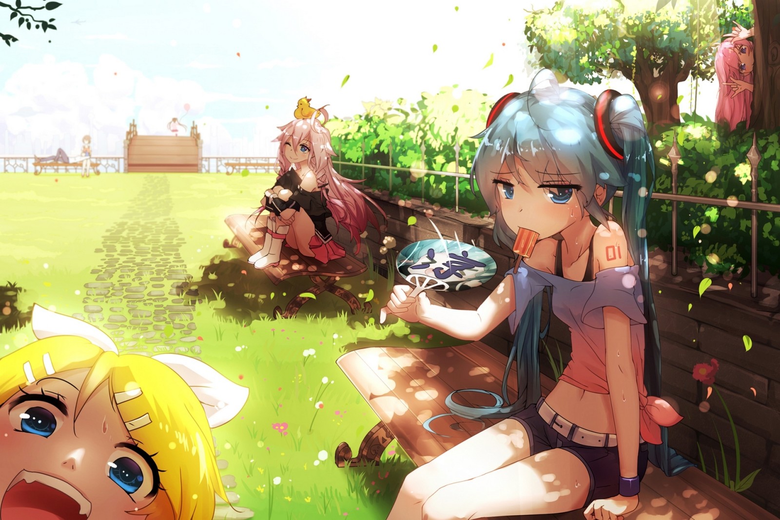 ragazze, ponte, anime, il Sole, fan, gelato, anatra, Vocaloid