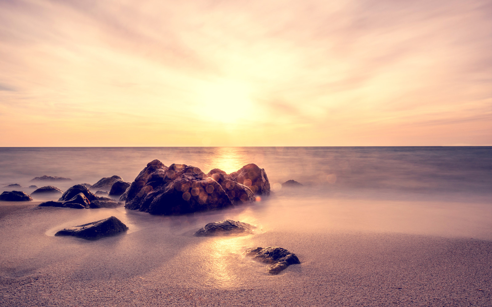 sunset, stones, sea, sand