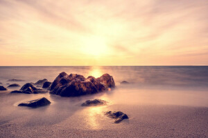 Sand, Meer, Steine, Sonnenuntergang