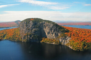 otoño, nubes, bosque, isla, lago, rock, el cielo