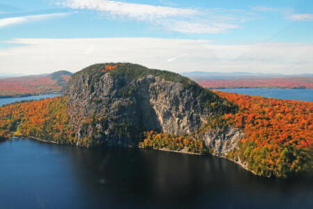 autumn, clouds, forest, island, lake, rock, the sky