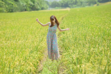 dress, field, forest, girl, grass, smiling